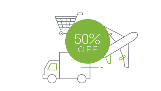 An aeroplane, truck and shopping cart with 50% off symbol representing StoreHippo's discounted ecommerce logistics.