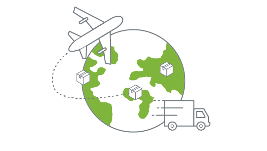 A globe with 3 parcels & flight and truck used to depict StoreHippo's international ecommerce logistics solutions.
