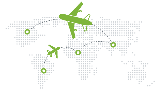 World map icon with pinned location and flight  routes showing  trackable ecommerce logistics with StoreHippo.