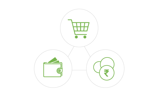 A shopping cart, wallet and currencies icon depicting wallet management solutions by StoreHippo ecommerce platform