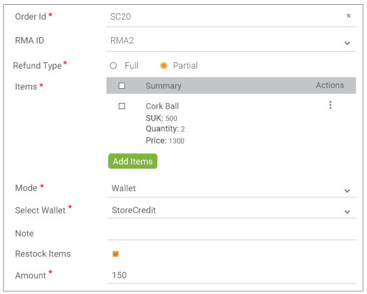 StoreHippo powered ecommerce store’s admin panel showing feature to add full or partial refunds through digital wallets.