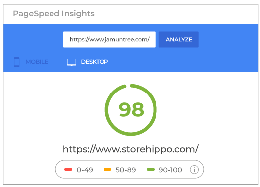 Page speed Google insight showing a 98 score for an ecommerce website powered by StoreHippo.
