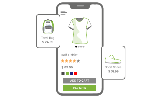 A mobile app powered by StoreHippo’s advanced technology stack displaying various products and their prices.