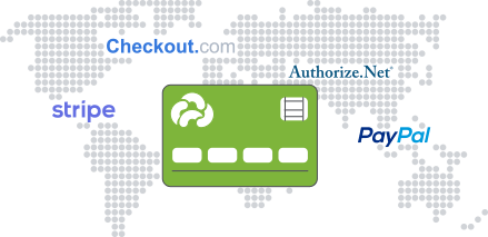 Infographic from StoreHippo showing world map with various payment gateway logos and a credit/debit card