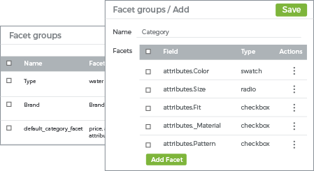 Interface StoreHippo's faceted search feature showing inbuilt and custom facet groups for an online store.