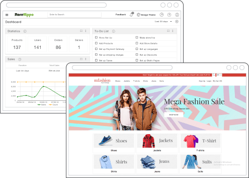 2 laptop screens showing a fashion online store frontend & admin panel replatformed to StoreHippo