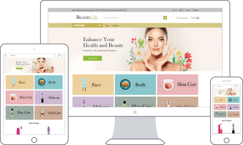 Desktop, mobile & tablet screens showing an ecommerce website replatform to StoreHippo