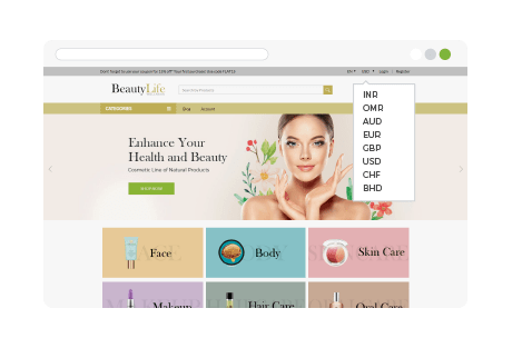 An ecommerce store showing support for multple curriences ofor products and themes using StoreHippo multi currency solution