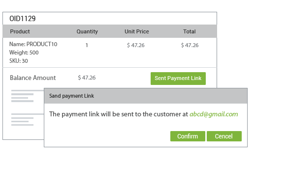 Payment link support in StoreHippo powered order management system showing link sent notification with customer email id.