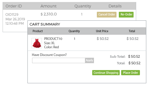 StoreHippo powered order management system's inbuilt reorder feature with old order details and reorder button.