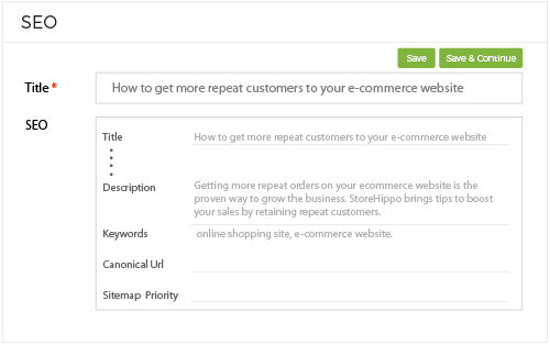 StoreHippo blog engine's inbuilt feature to add SEO details like meta, keywords, canonical URL, tags etc.