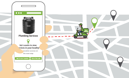 Hyperlocal ecommerce mobile app showing Google map & a servicing agent riding to offer home services at the pinned location.