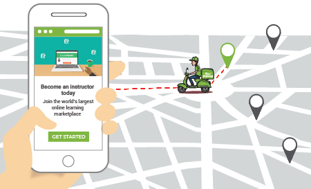 Hyperlocal ecommerce mobile app showing Google map & a delivery agent riding to e-learning material at the pinned location.
